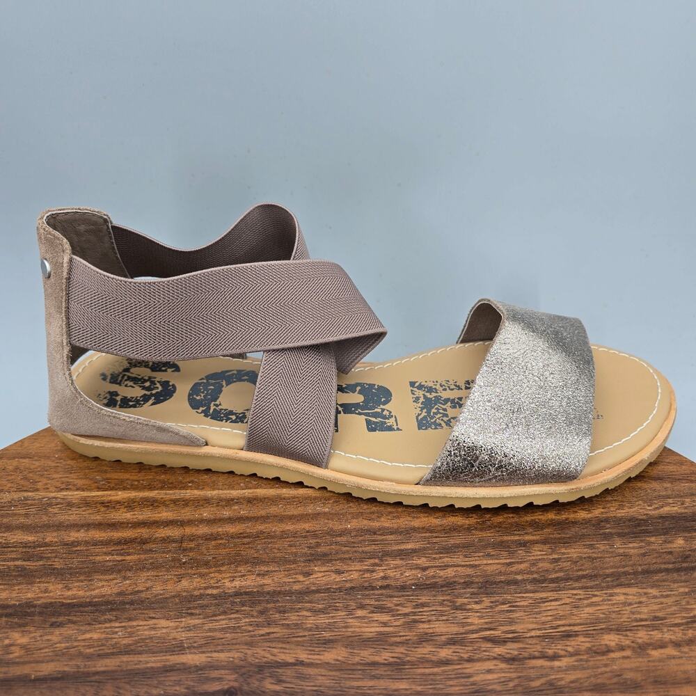 Sorel Ella Sandals Womens 10.5 Bronze Taupe Leather Stretch Ankle Strap Flat